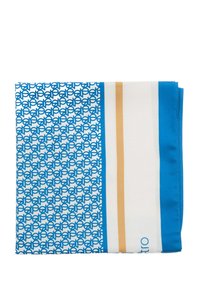 Jedwabny szalik z geometrycznym niebieskim wzorem na białym tle, z jednolitą niebieską bordiurą i złotym detalem.