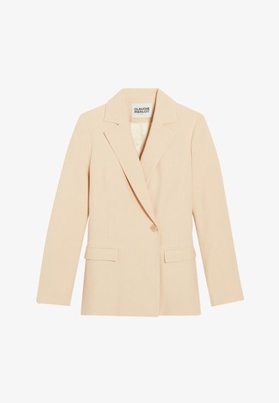 Beige sako vyrobené z texturované tkaniny, s klopovým límcem, zapínáním na jeden knoflík a dvěma předními kapsami. Klasický střih na míru.