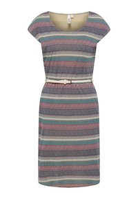 Vestido a rayas con escote redondo, mangas cortas y cintura con cinturón. El patrón incluye rayas horizontales en azul, rojo y crema.