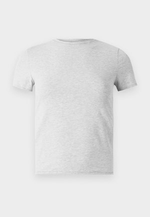 Pilkas trumpas rankovėmis marškinėliai su apvaliu iškirpimu, pagaminti iš medvilnės mišinio, pasižymintys lygiu paviršiumi ir paprastu, nepuoštu dizainu.