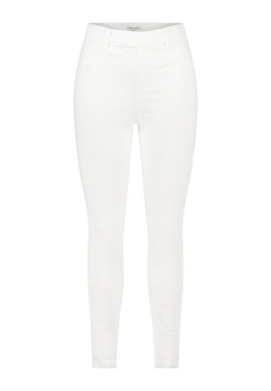 Pantalon skinny blanc taille haute avec passants de ceinture, couture avant et design de jambe effilée moulante.