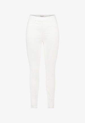 Pantalon skinny blanc taille haute avec passants de ceinture, couture avant et design de jambe effilée moulante.