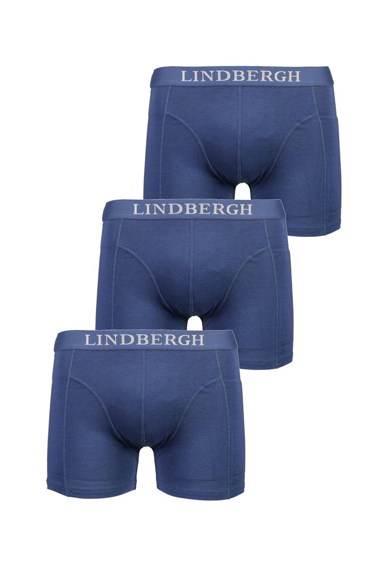 Set di tre boxer briefs in cotone blu navy con una cintura morbida che presenta la scritta "LINDERGH" in grigio chiaro. Finitura liscia e vestibilità atletica.