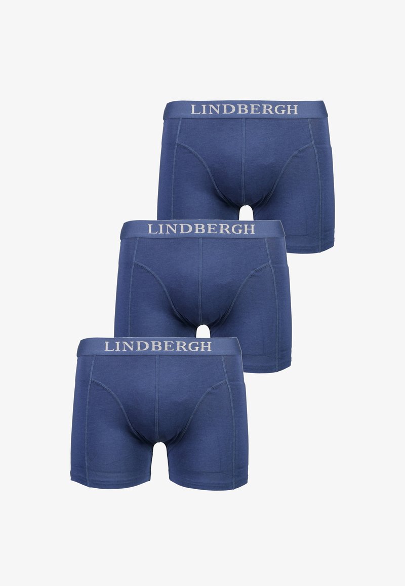 Set di tre boxer briefs in cotone blu navy con una cintura morbida che presenta la scritta "LINDERGH" in grigio chiaro. Finitura liscia e vestibilità atletica.