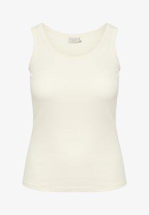 Canotta color crema chiaro realizzata in materiale a costine, con scollatura rotonda e senza decorazioni, dotata di una silhouette aderente.