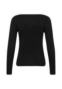 Pull noir moulant à manches longues avec un large col rond et des poignets et un ourlet côtelés, vu de dos.