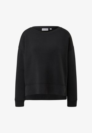 Sort langærmet sweatshirt med rund halsudskæring, ribkanter ved ærmer og bund, med et lille rektangulært logo tæt på den nederste kant foran på venstre side.