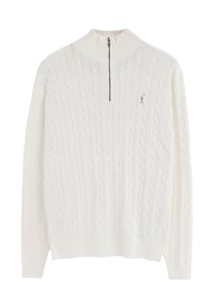 Jersey blanco de punto trenzado con cuello de media cremallera y pequeño logo bordado en el pecho izquierdo, puños y dobladillo acanalados.