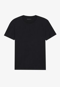 Schwarzes Baumwoll-T-Shirt mit kurzen Ärmeln, rundem Halsausschnitt und einfachem Design. Der Stoff hat eine glatte Textur und keine sichtbaren Muster oder Akzente.