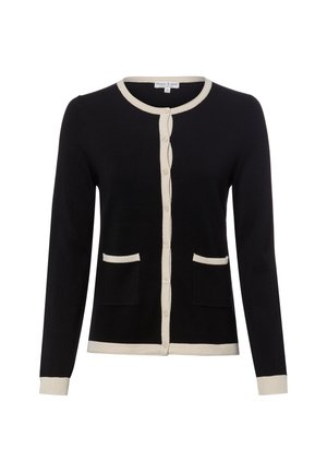 Schwarzer Cardigan mit langen Ärmeln und beiger Einfassung an Kragen, Bündchen, Knopfleiste, Saum und zwei vorderen Taschen, mittig geknöpft.