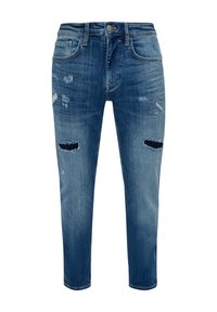 Jeans iz jeansa v svetlo modri barvi, z obrabljenimi detajli in več raztrganinami. Klasična zasnova s petimi žepi in ravnim krojem.
