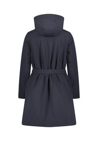 Marineblauer, kapuzengefütterter Mantel mit langen Ärmeln, tailliertem Gürtel und gerafftem Rückendesign. Hergestellt aus glattem, leichtem Stoff.