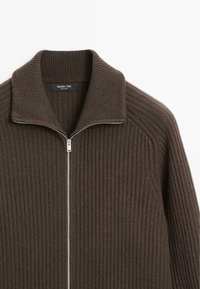 Maglione a zip marrone a coste con colletto alto, zip argentata e etichetta del marchio Massimo Dutti visibile all'interno del colletto.