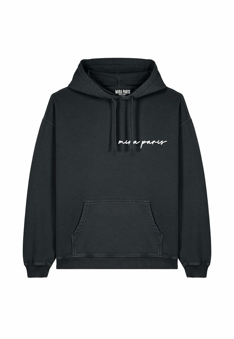 Felpa nera con cappuccio regolabile, tasca a marsupio frontale, polsini a coste e un logo bianco in corsivo "mis a paris" sul petto. Materiale di cotone.