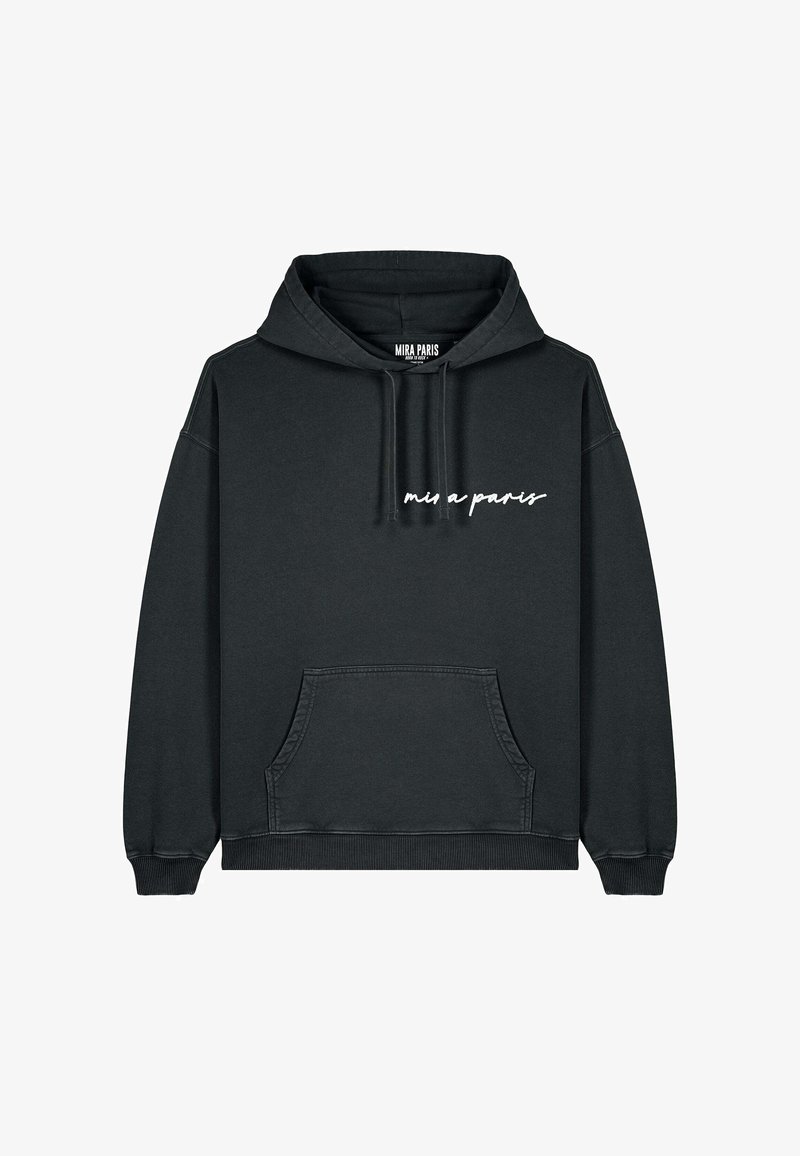 Zwarte hoodie met een trekkoordcapuchon, een voorzak met kangoeroe-stijl, geribde boorden en een witte cursieve logo "mis a paris" op de borst. Gemaakt van katoen.