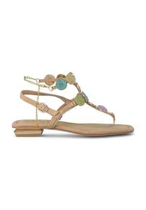 Sandalias planas nude con diseño de tira en T, que presentan adornos circulares multicolores y un tacón cuadrado con un detalle dorado.