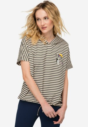 Gestreiftes beige- und schwarzes T-Shirt mit Kapuze, mit kurzen Ärmeln und einem gestickten Design auf der Brust, mit einem Kordelzug am Saum.