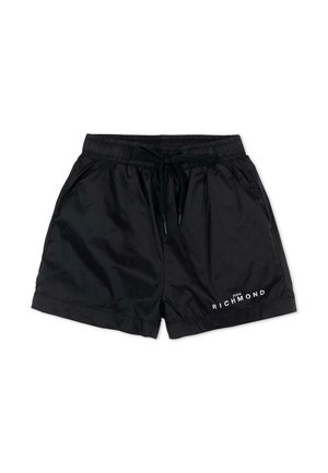 Zwarte nylon shorts met elastische tailleband en trekkoord, zijzakken en wit "John Richmond" logo op het linkerbeen.