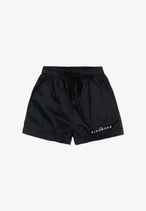 Shorts en nylon noir avec taille élastique et cordon de serrage, poches latérales et logo blanc "John Richmond" sur la jambe gauche.