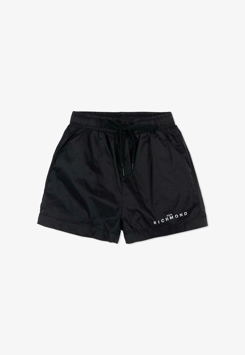 Shorts en nylon noir avec taille élastique et cordon de serrage, poches latérales et logo blanc "John Richmond" sur la jambe gauche.