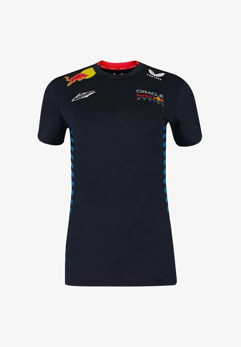Granatowa koszulka z krótkim rękawem z niebieskimi paskami po bokach. Na przodzie umieszczone logo Red Bull Racing i Oracle. Wykonana z miękkiego, oddychającego materiału.