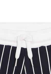 Pantaloni corti a righe navy con una fascia elastica bianca in vita. Presentano un cordino con punte in metallo. La texture appare rigata. Le righe verticali sono prominenti.