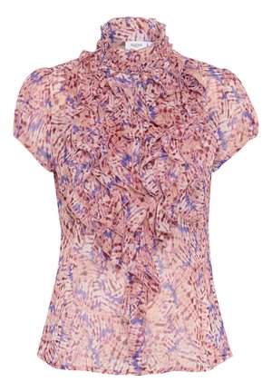 Ružová blúzka s krátkym rukávom a volánmi, s modrými a fialovými vzormi, s vysokým golierom a prednými gombíkmi, vyrobená z ľahkej tkaniny.