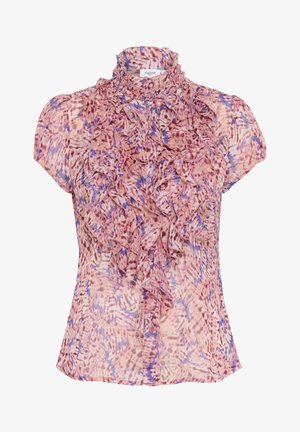 Bluzica s kratkimi rokavi in volančkom v roza barvi z modrimi in vijoličnimi vzorci, ki ima visok ovratnik in sprednje gumbe, izdelana iz lahkega materiala.