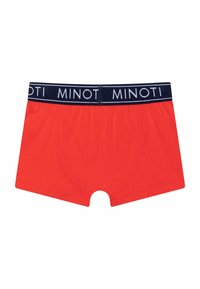 Shorts en coton rouges avec une ceinture bleue marine portant le texte blanc "MINOTI." Le design est simple, sans motifs ni accents supplémentaires.
