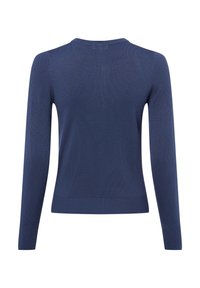 Marineblauer Strickpullover mit langen Ärmeln, rundem Halsausschnitt und geripptem Saum. Glatte Textur mit leichtem Design, ideal zum Schichten geeignet.