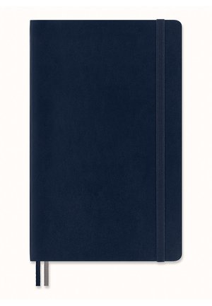 Quaderno con copertina rigida blu navy con angoli arrotondati, chiusura con elastico e due segnalibri a nastro in blu navy e grigio.