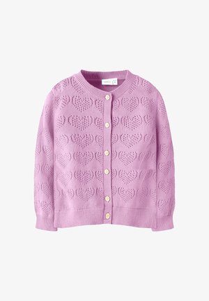 Light purple cardigan featuring heart-shaped knit pattern, round neckline, and buttons down the front. Soft texture, long sleeves.