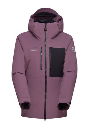 Windproof purple jacket with a black chest pocket and zippers. Features a high collar and adjustable hood. Made from durable, waterproof fabric.