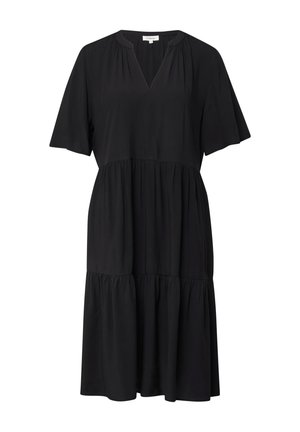 Black midi dress with short flutter sleeves, V-neckline, gathered tiers, and loose, flowy silhouette.