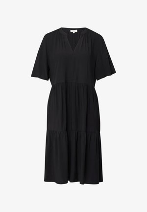 Black midi dress with short flutter sleeves, V-neckline, gathered tiers, and loose, flowy silhouette.