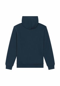 Sweat-shirt à capuche bleu marine, avec des manches longues, des poignets et un ourlet côtelés. Texture lisse, sans logos ni motifs visibles au dos.