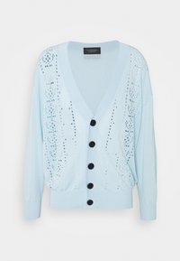 Cardigan azzurro chiaro con scollo a V, vestibilità ampia, bottoni neri e motivo a pois sfumati lungo la parte anteriore, con polsini a coste.