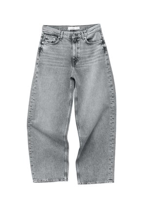 Gray denim jeans with a high waist, wide-leg silhouette, and raw hem. Features classic five-pocket styling and subtle fading.