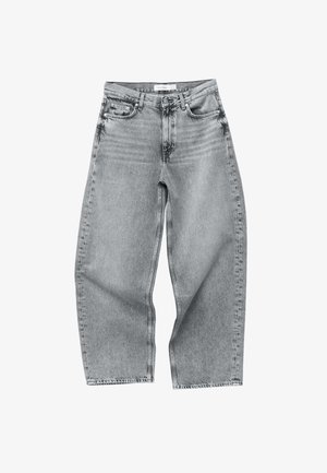 Gray denim jeans with a high waist, wide-leg silhouette, and raw hem. Features classic five-pocket styling and subtle fading.