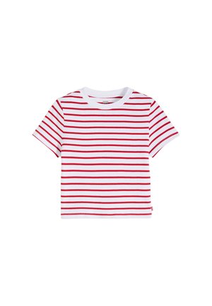 Maglietta bianca a maniche corte con righe orizzontali rosse. Presenta una scollatura tonda e tessuto in cotone morbido. Include una piccola targhetta con logo sull'orlo.