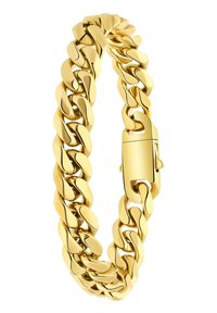 Goudkleurige metalen kettingarmband met in elkaar grijpende schakel, voorzien van een veilige sluiting en een gladde, glanzende textuur.