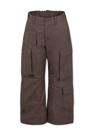Pantaloni cargo marroni realizzati in tessuto resistente, dotati di più tasche laterali, chiusura con bottone e vita elasticizzata per il massimo comfort.