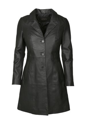 Schwarzer knielanger, taillierter Ledermantel mit Reverskragen, drei vorderen Knöpfen und seitlichen Taschen, Größe 36.