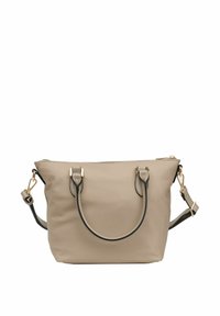 Borsa beige realizzata in materiale liscio, con doppio manico superiore, tracolla rimovibile, hardware in tonità oro e bordo nero a contrasto.