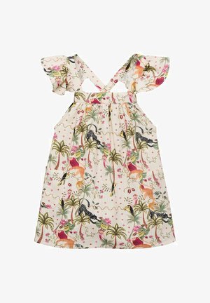 Haljina s cvjetnim uzorkom ima volanaste rukave, križne naramenice i lagani materijal. Boje uključuju krem, ružičastu, zelenu i crne cvjetne akcenta.