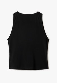 Top nero senza maniche con collo alto, realizzato in tessuto liscio e elasticizzato. Presenta un design semplice e bordi rifiniti in modo discreto.