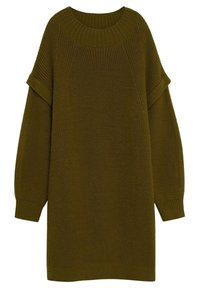 Neulottu, oversize mekko oliivinvihreänä. Vaatteessa on ribattu pyöreä kaula-aukko, leveät hihat ja teksturoidun pinnan viimeistely.