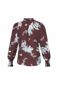 Bordeaux bluse med blå blomstermønster, lange puffærmer, sammensnørede manchetter og høj hals. Glat stof med let glans.
