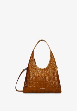Sac à main en cuir marron effet crocodile, avec une poignée unique et une bandoulière amovible, marqué "PICARD" et un charm pendentif en forme de "P".