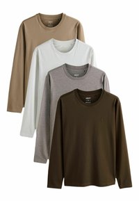 Four long-sleeve t-shirts in brown, gray, white, and dark green. Made of smooth fabric with a round neck and regular fit.